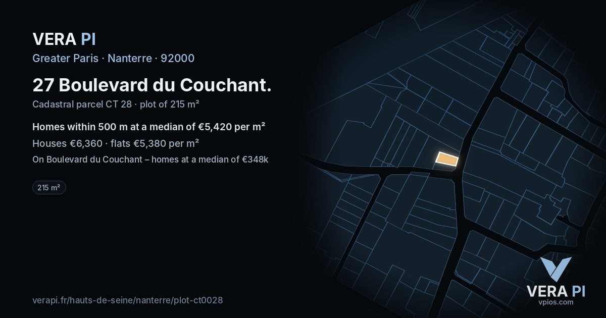 27 Boulevard du Couchant, Nanterre at night – the plot lit, the parcels around coloured by the prices near them