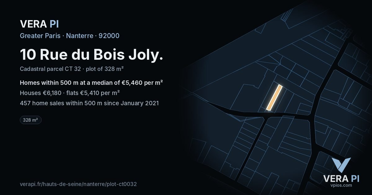 10 Rue du Bois Joly, Nanterre at night – the plot lit, the parcels around coloured by the prices near them