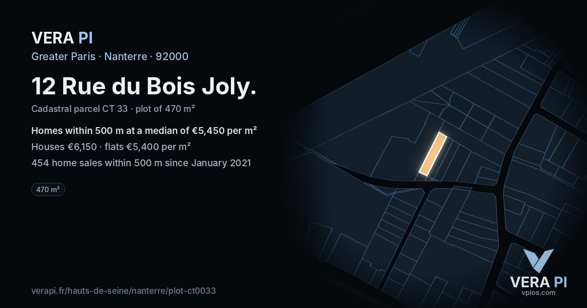 12 Rue du Bois Joly, Nanterre at night – the plot lit, the parcels around coloured by the prices near them