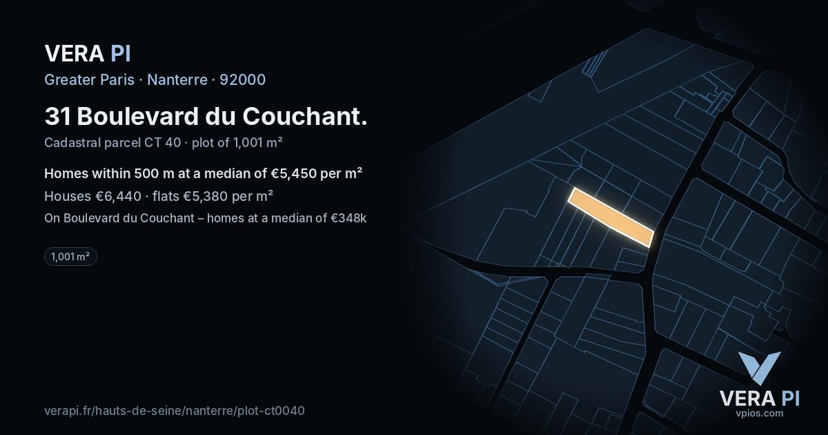 31 Boulevard du Couchant, Nanterre at night – the plot lit, the parcels around coloured by the prices near them