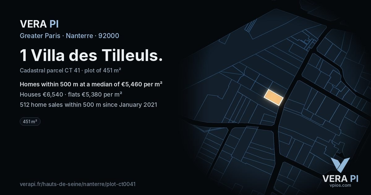 1 Villa des Tilleuls, Nanterre at night – the plot lit, the parcels around coloured by the prices near them
