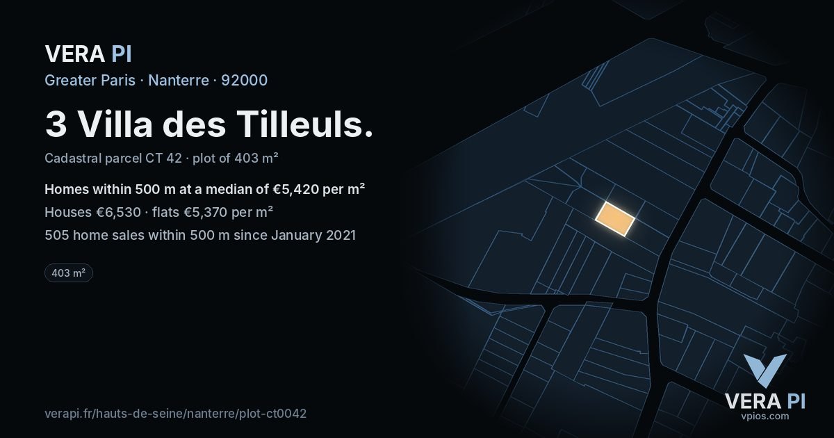 3 Villa des Tilleuls, Nanterre at night – the plot lit, the parcels around coloured by the prices near them