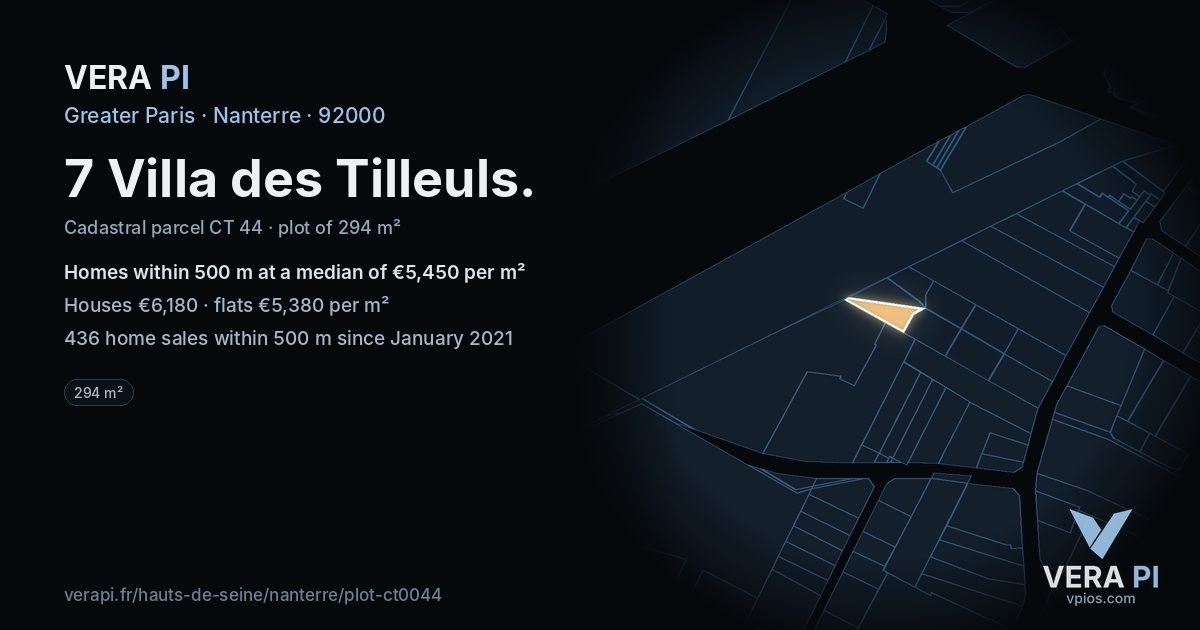 7 Villa des Tilleuls, Nanterre at night – the plot lit, the parcels around coloured by the prices near them