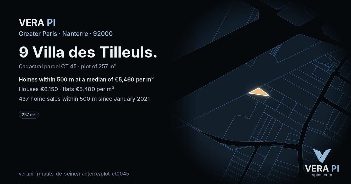 9 Villa des Tilleuls, Nanterre at night – the plot lit, the parcels around coloured by the prices near them