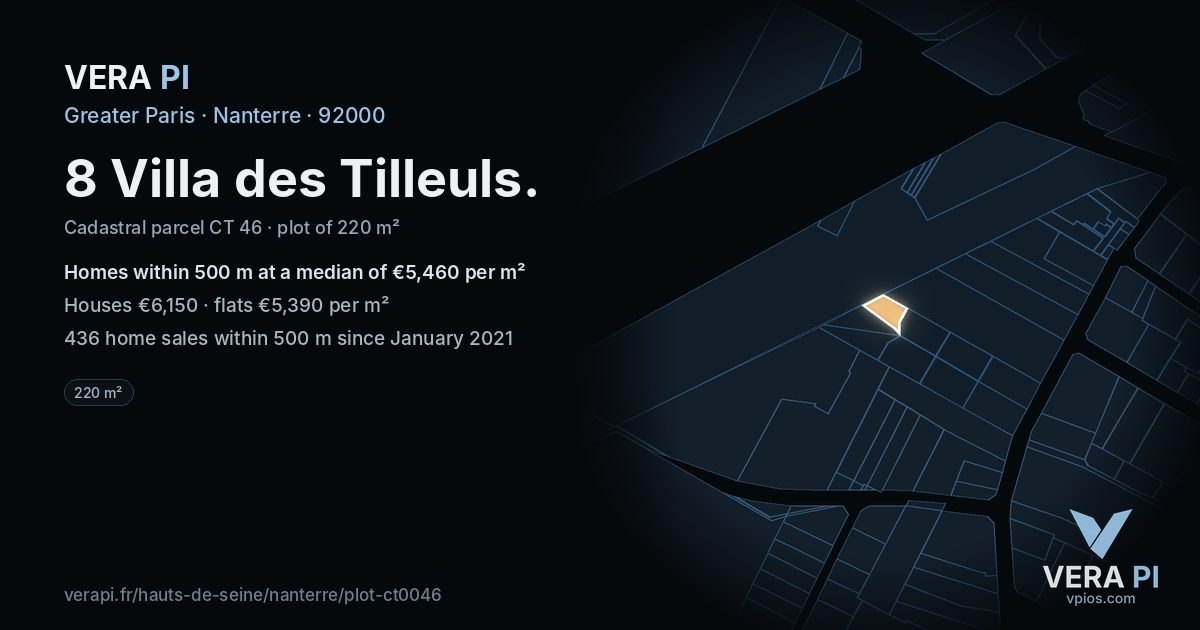 8 Villa des Tilleuls, Nanterre at night – the plot lit, the parcels around coloured by the prices near them