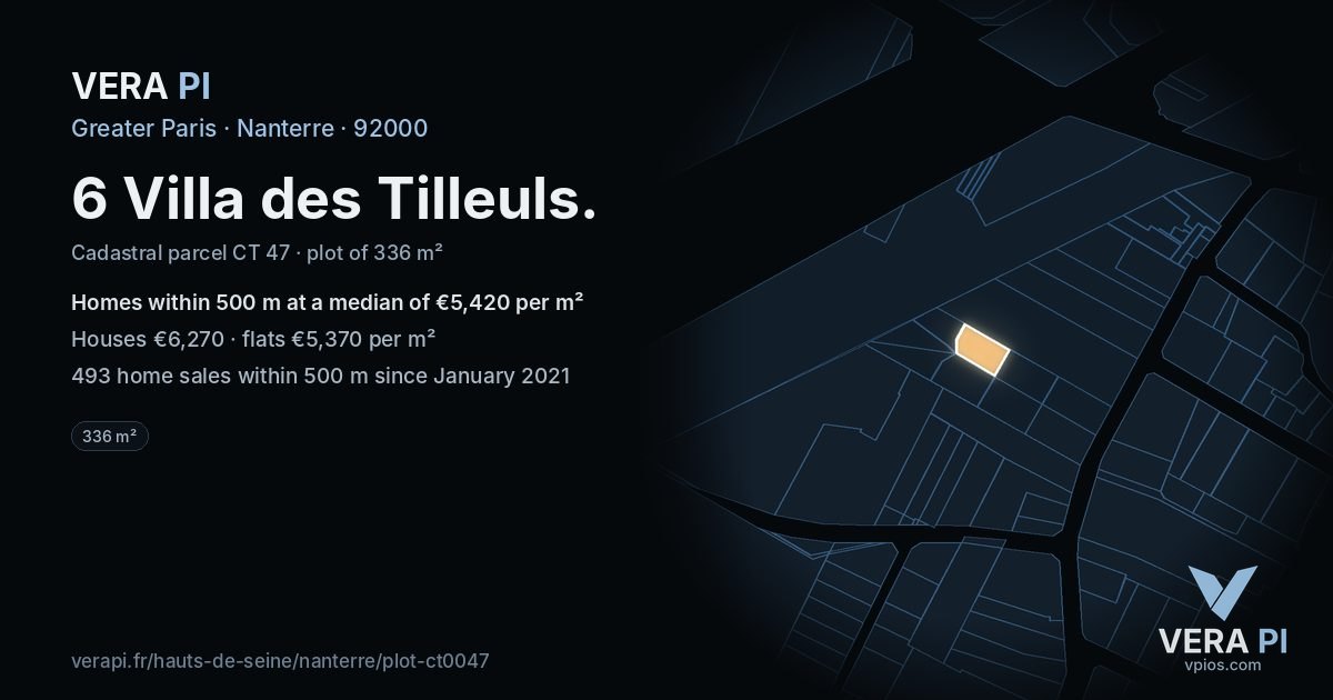 6 Villa des Tilleuls, Nanterre at night – the plot lit, the parcels around coloured by the prices near them