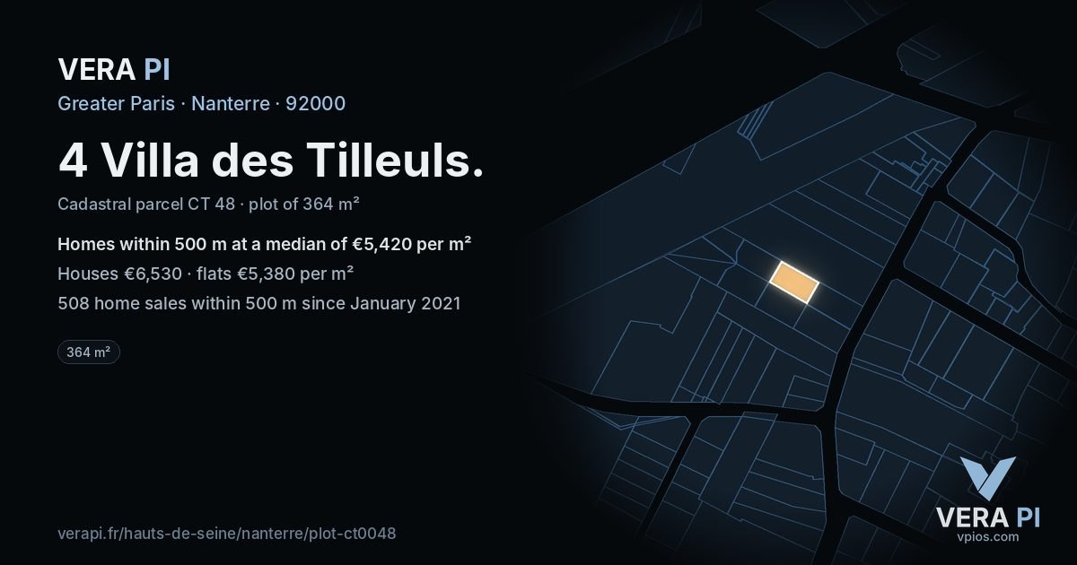 4 Villa des Tilleuls, Nanterre at night – the plot lit, the parcels around coloured by the prices near them