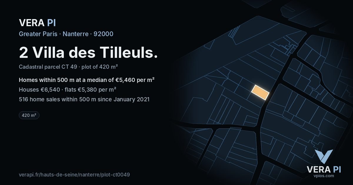 2 Villa des Tilleuls, Nanterre at night – the plot lit, the parcels around coloured by the prices near them
