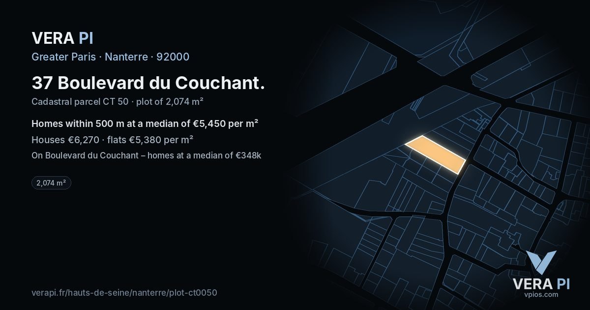 37 Boulevard du Couchant, Nanterre at night – the plot lit, the parcels around coloured by the prices near them