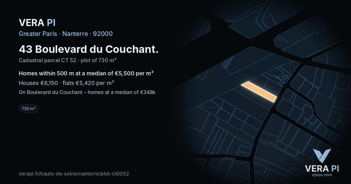 43 Boulevard du Couchant, Nanterre at night – the plot lit, the parcels around coloured by the prices near them