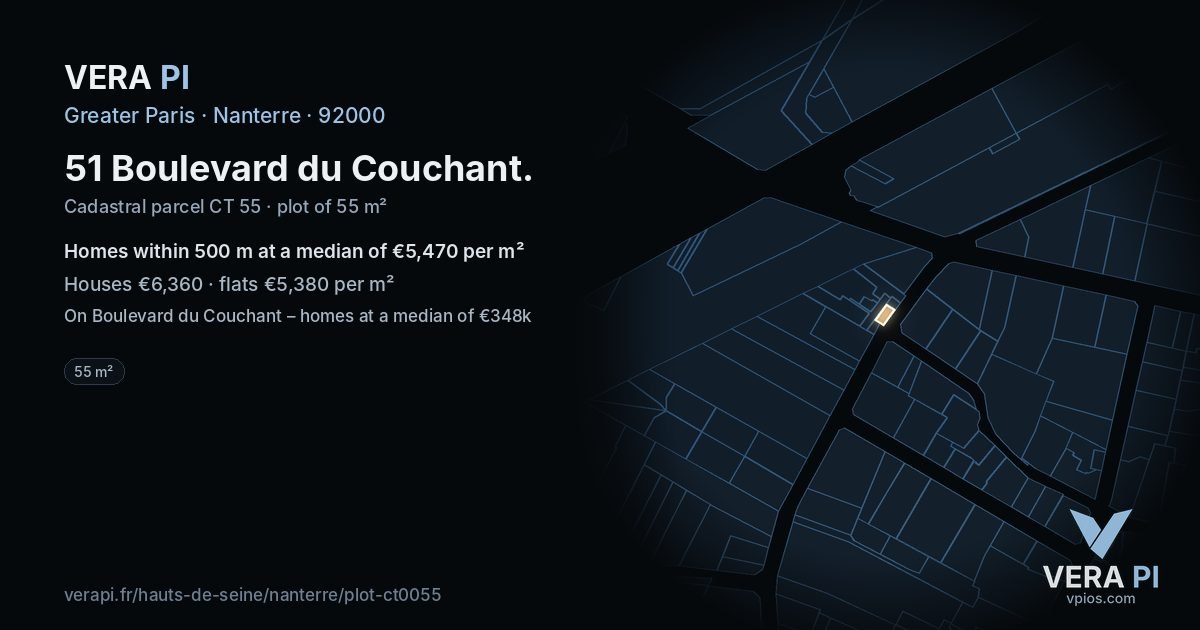 51 Boulevard du Couchant, Nanterre at night – the plot lit, the parcels around coloured by the prices near them