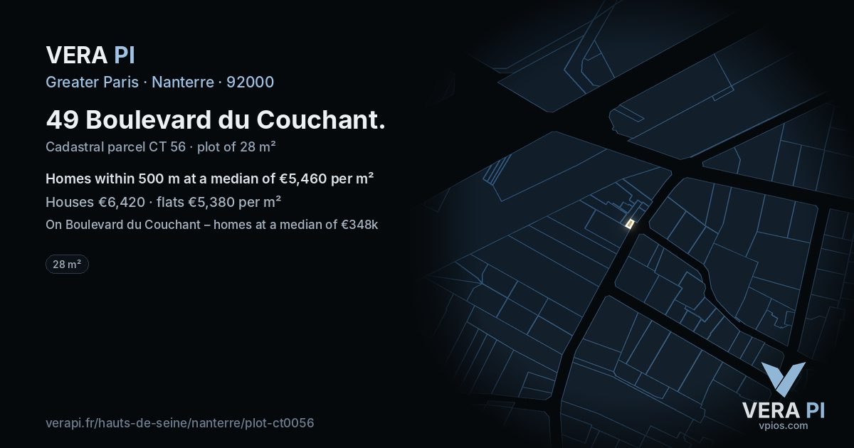 49 Boulevard du Couchant, Nanterre at night – the plot lit, the parcels around coloured by the prices near them