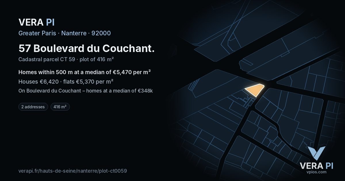 57 Boulevard du Couchant, Nanterre at night – the plot lit, the parcels around coloured by the prices near them