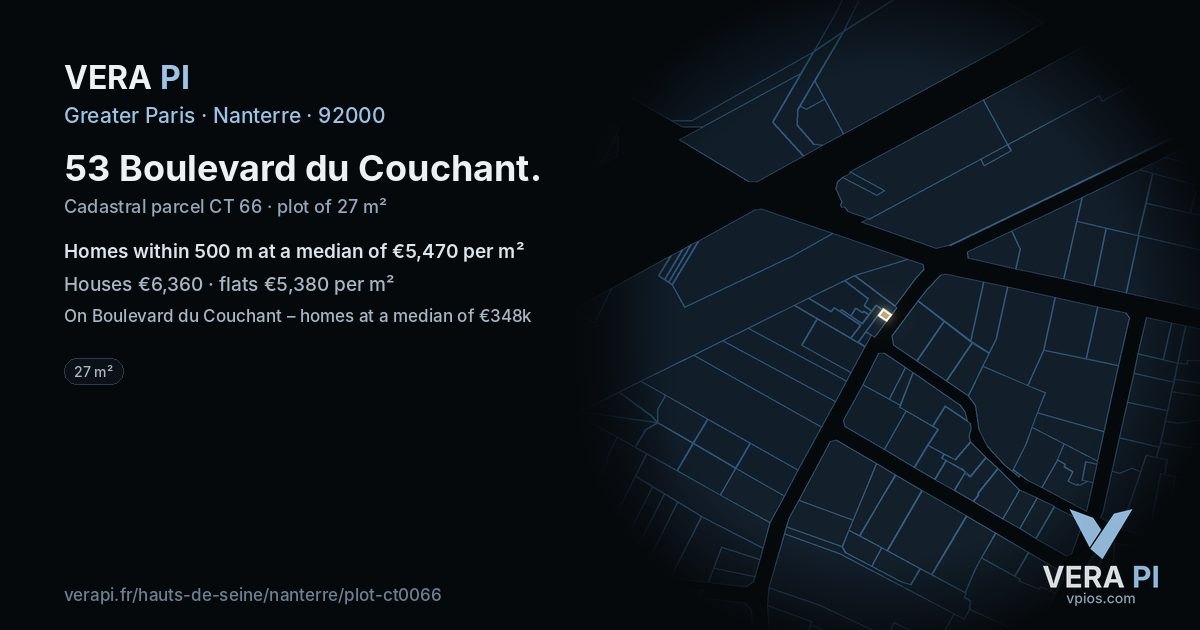 53 Boulevard du Couchant, Nanterre at night – the plot lit, the parcels around coloured by the prices near them