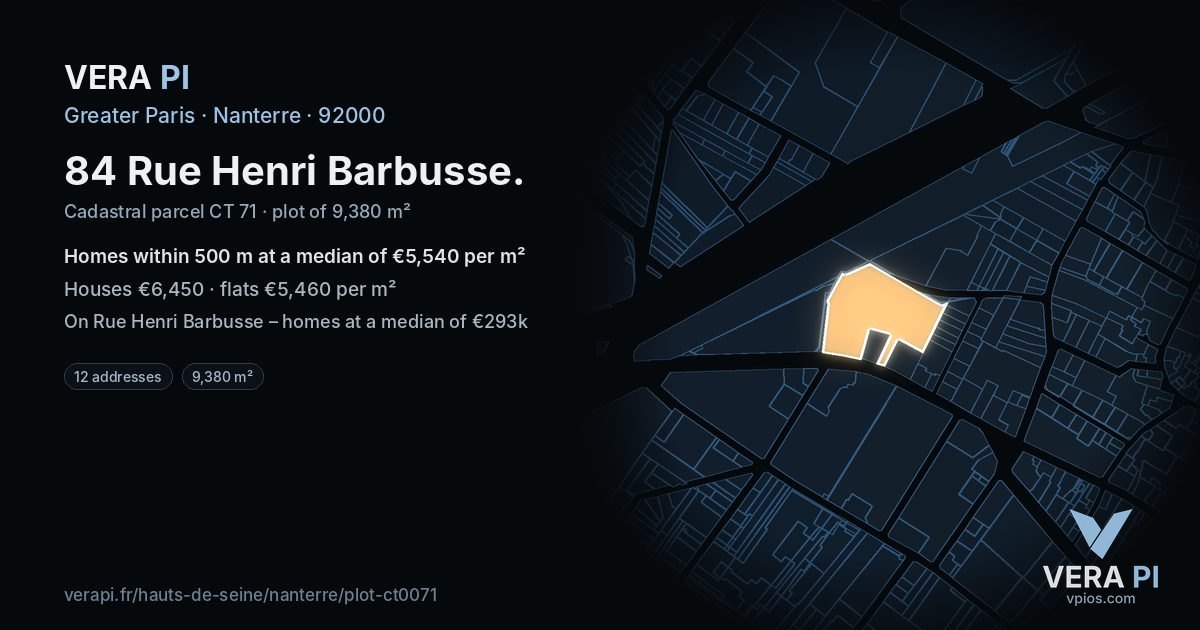 84 Rue Henri Barbusse, Nanterre at night – the plot lit, the parcels around coloured by the prices near them