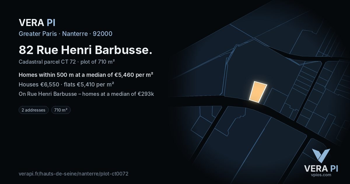 82 Rue Henri Barbusse, Nanterre at night – the plot lit, the parcels around coloured by the prices near them