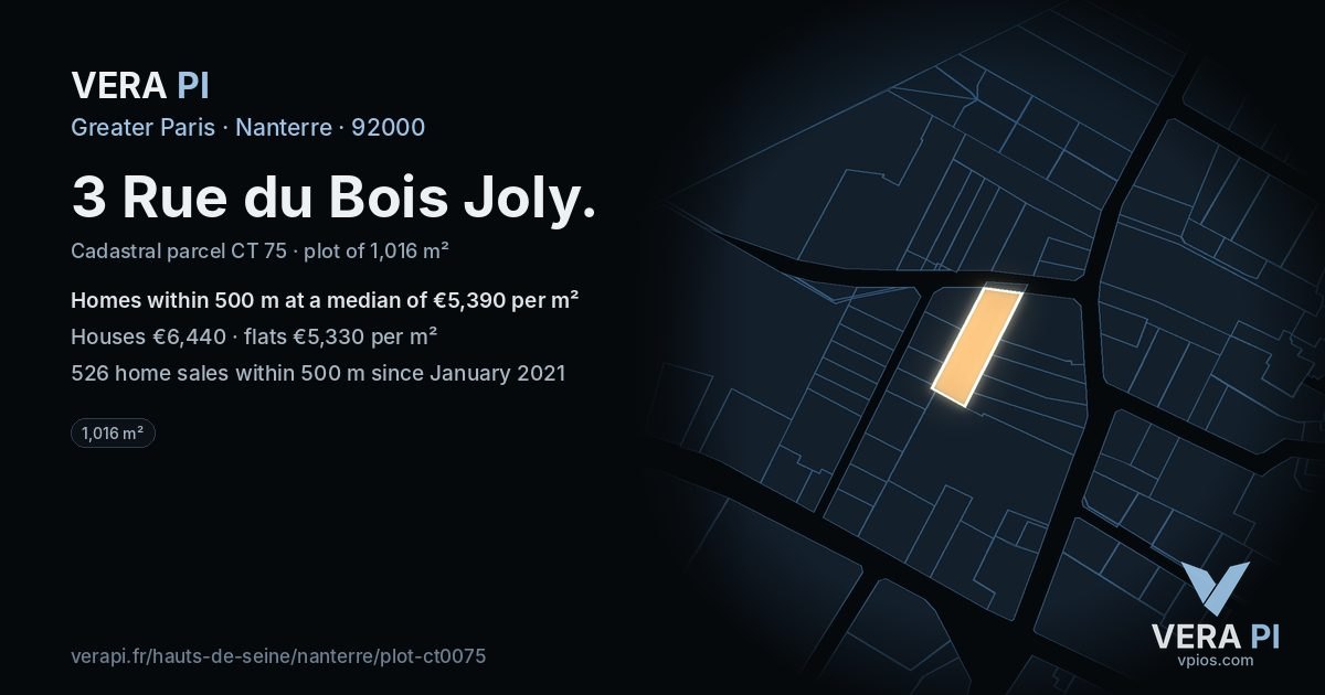 3 Rue du Bois Joly, Nanterre at night – the plot lit, the parcels around coloured by the prices near them