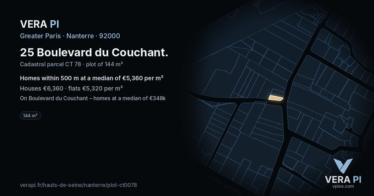 25 Boulevard du Couchant, Nanterre at night – the plot lit, the parcels around coloured by the prices near them