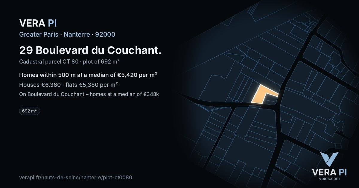 29 Boulevard du Couchant, Nanterre at night – the plot lit, the parcels around coloured by the prices near them