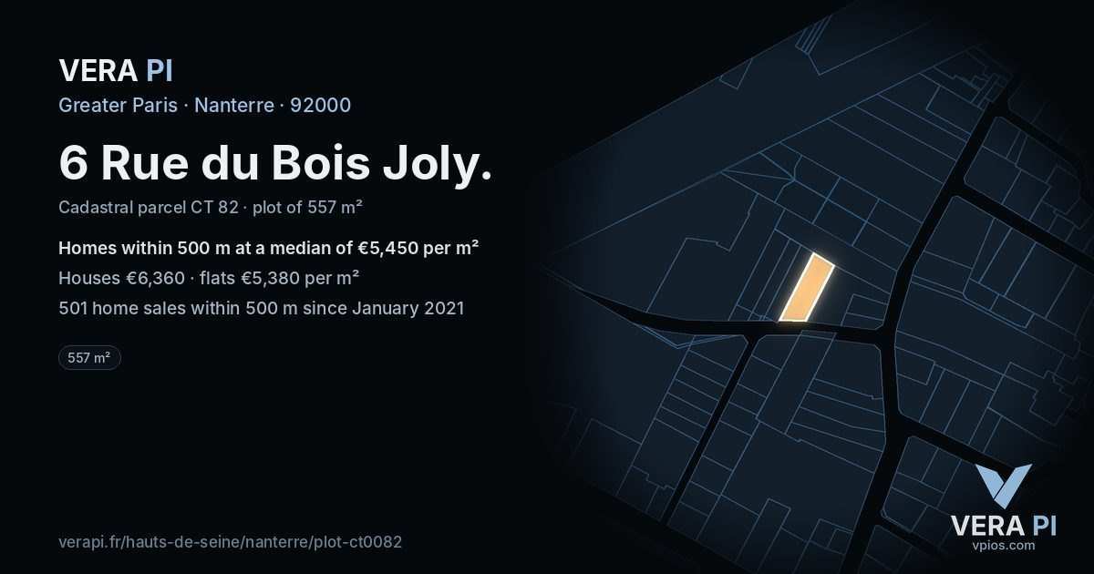 6 Rue du Bois Joly, Nanterre at night – the plot lit, the parcels around coloured by the prices near them