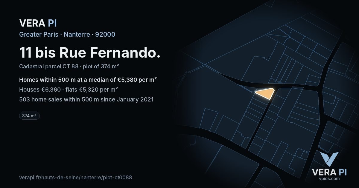 11 bis Rue Fernando, Nanterre at night – the plot lit, the parcels around coloured by the prices near them