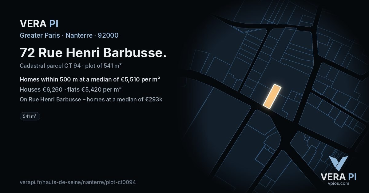 72 Rue Henri Barbusse, Nanterre at night – the plot lit, the parcels around coloured by the prices near them