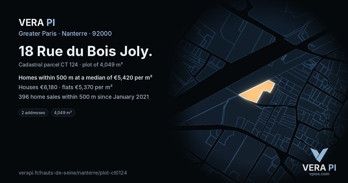 18 Rue du Bois Joly, Nanterre at night – the plot lit, the parcels around coloured by the prices near them