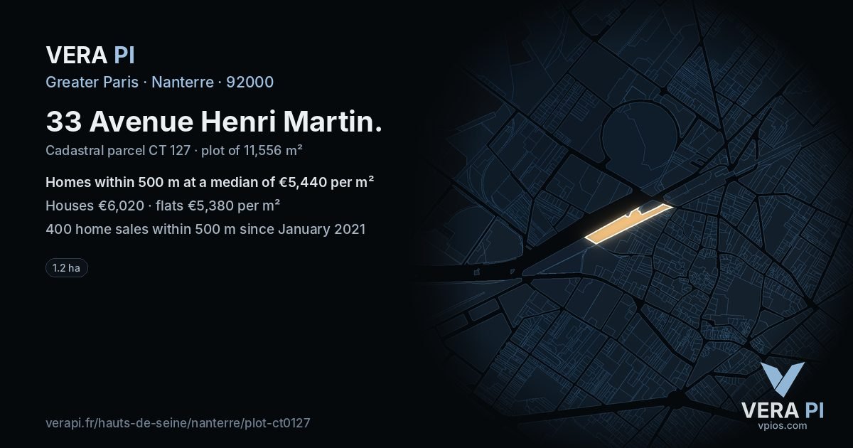 33 Avenue Henri Martin, Nanterre at night – the plot lit, the parcels around coloured by the prices near them