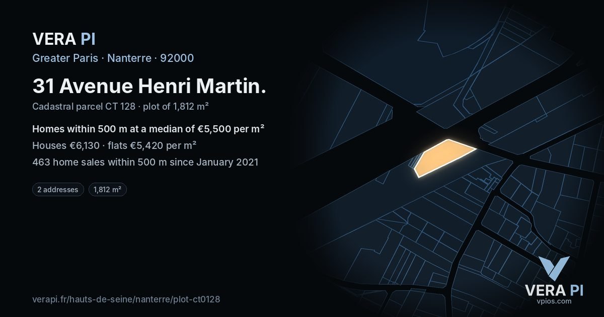 31 Avenue Henri Martin, Nanterre at night – the plot lit, the parcels around coloured by the prices near them
