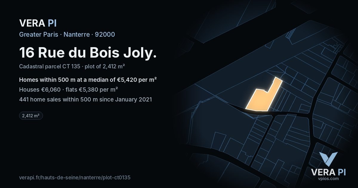 16 Rue du Bois Joly, Nanterre at night – the plot lit, the parcels around coloured by the prices near them