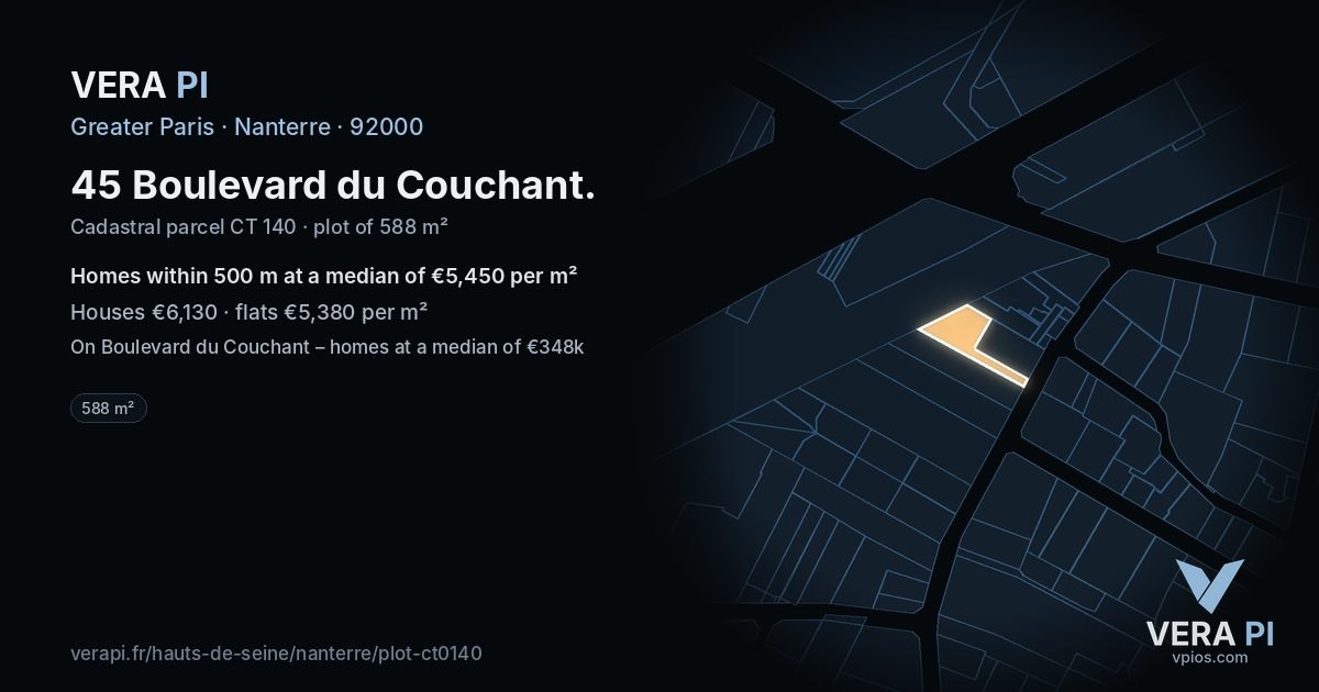 45 Boulevard du Couchant, Nanterre at night – the plot lit, the parcels around coloured by the prices near them