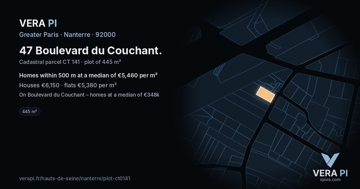 47 Boulevard du Couchant, Nanterre at night – the plot lit, the parcels around coloured by the prices near them