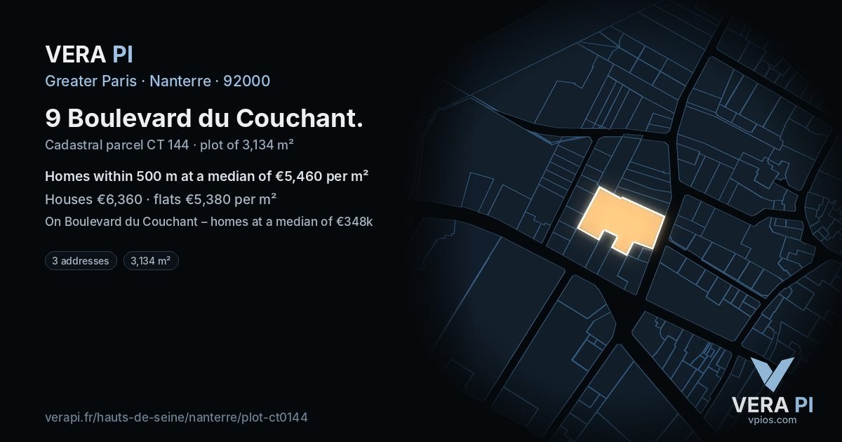 9 Boulevard du Couchant, Nanterre at night – the plot lit, the parcels around coloured by the prices near them