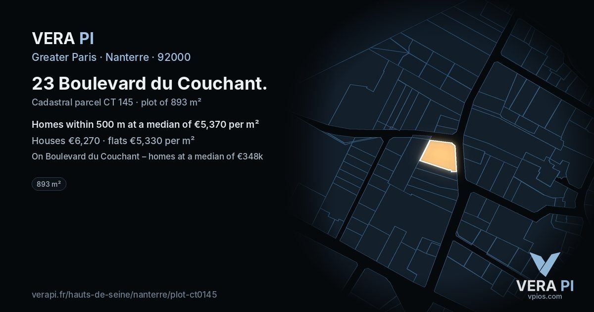 23 Boulevard du Couchant, Nanterre at night – the plot lit, the parcels around coloured by the prices near them