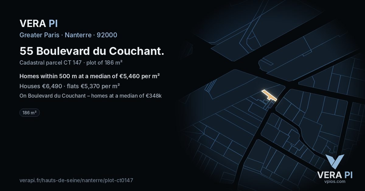 55 Boulevard du Couchant, Nanterre at night – the plot lit, the parcels around coloured by the prices near them