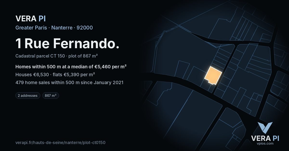 1 Rue Fernando, Nanterre at night – the plot lit, the parcels around coloured by the prices near them