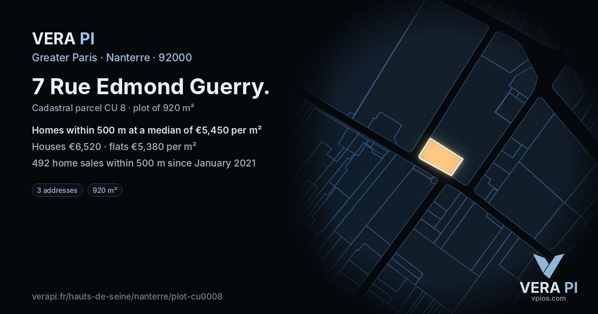 7 Rue Edmond Guerry, Nanterre at night – the plot lit, the parcels around coloured by the prices near them