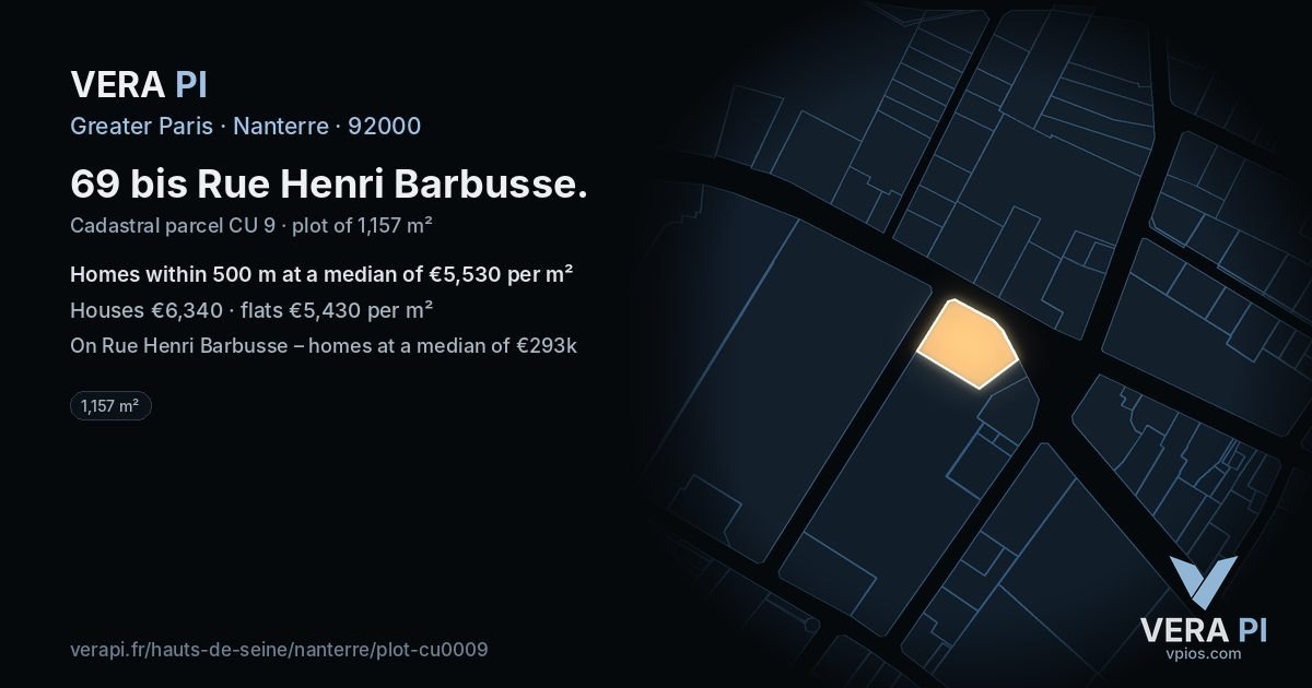 69 bis Rue Henri Barbusse, Nanterre at night – the plot lit, the parcels around coloured by the prices near them