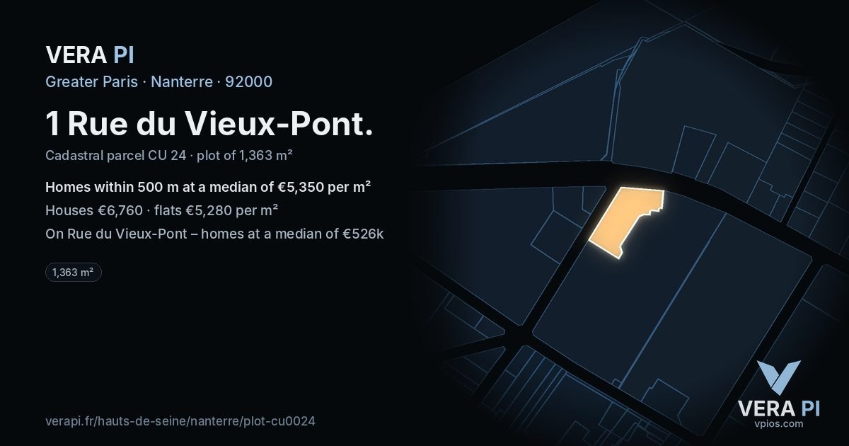 1 Rue du Vieux-Pont, Nanterre at night – the plot lit, the parcels around coloured by the prices near them