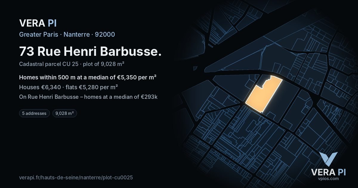 73 Rue Henri Barbusse, Nanterre at night – the plot lit, the parcels around coloured by the prices near them