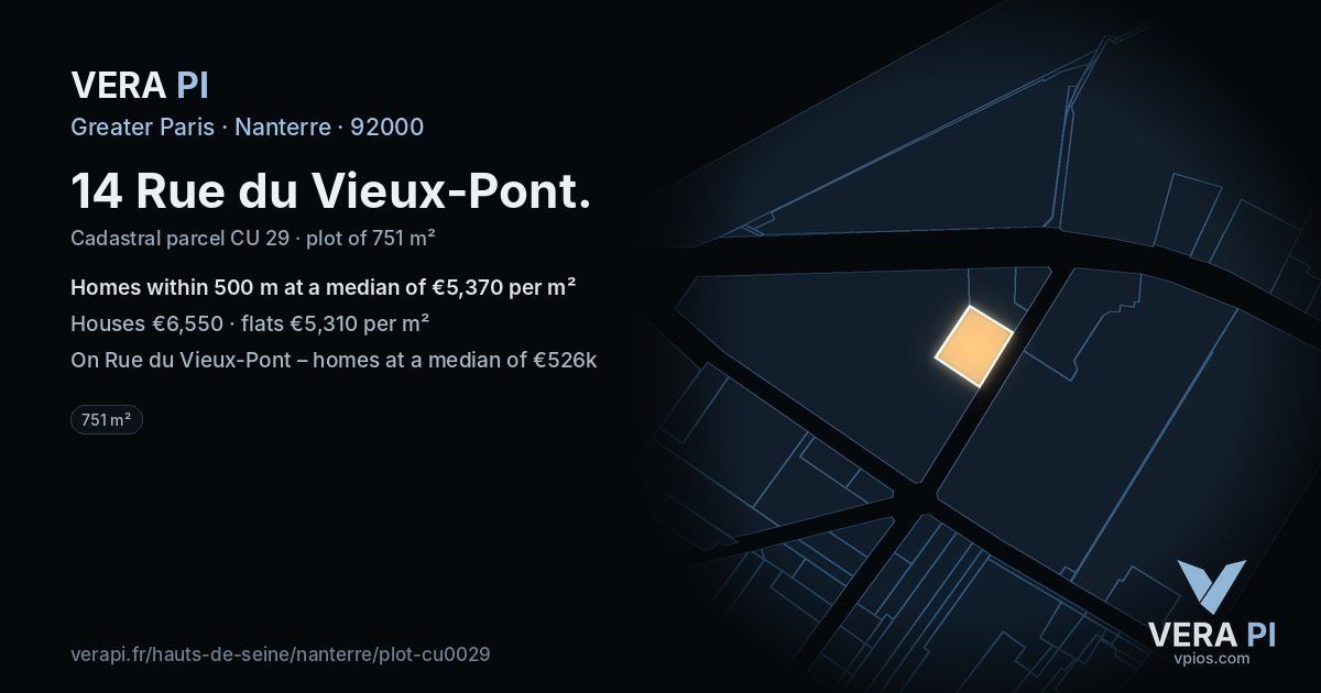 14 Rue du Vieux-Pont, Nanterre at night – the plot lit, the parcels around coloured by the prices near them