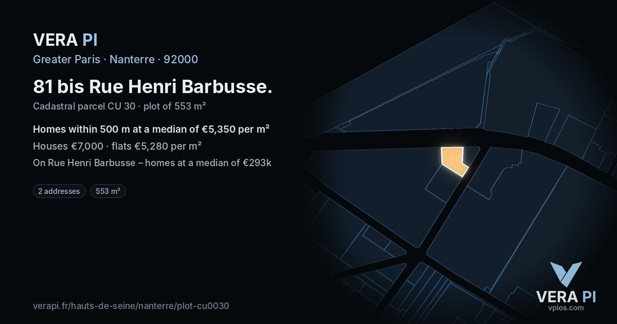 81 bis Rue Henri Barbusse, Nanterre at night – the plot lit, the parcels around coloured by the prices near them