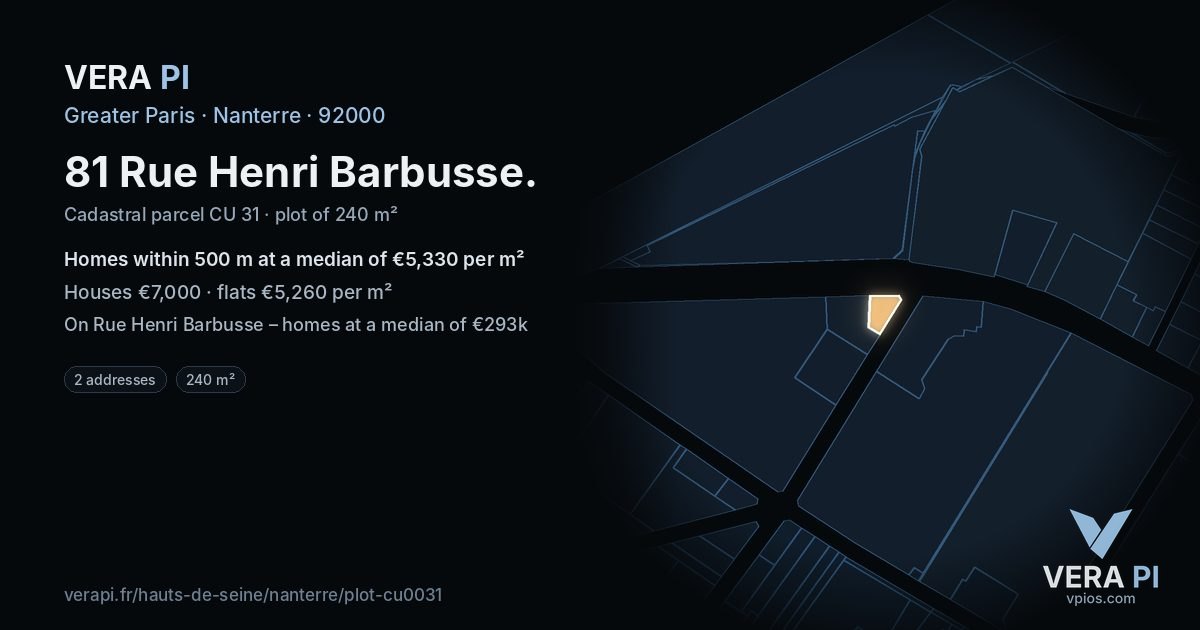 81 Rue Henri Barbusse, Nanterre at night – the plot lit, the parcels around coloured by the prices near them