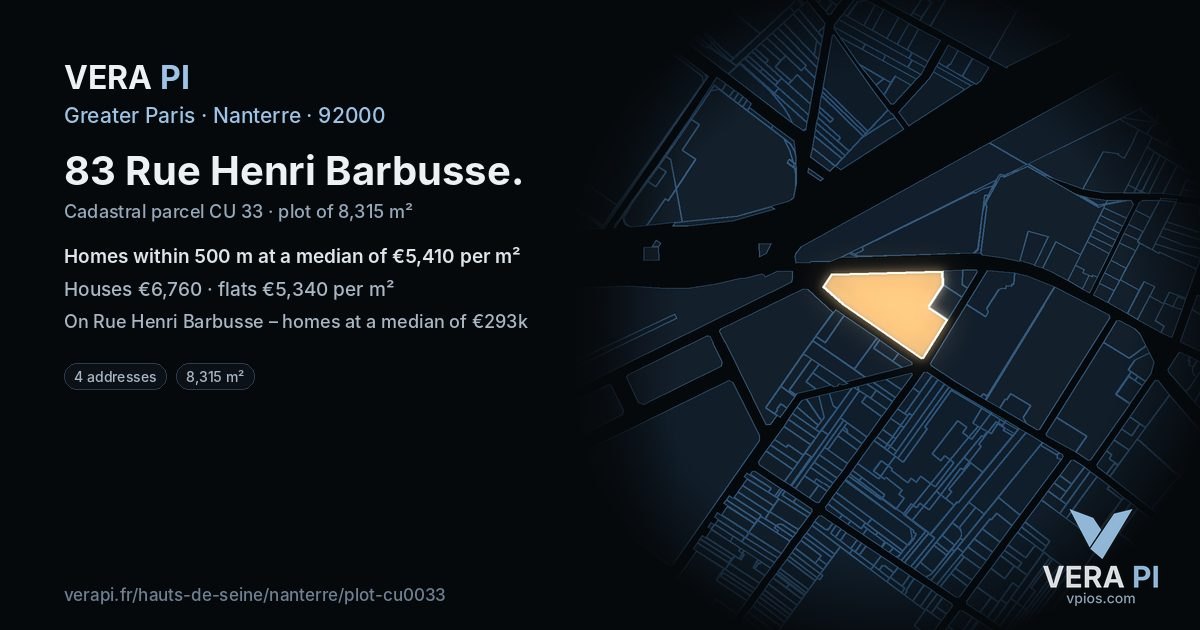 83 Rue Henri Barbusse, Nanterre at night – the plot lit, the parcels around coloured by the prices near them