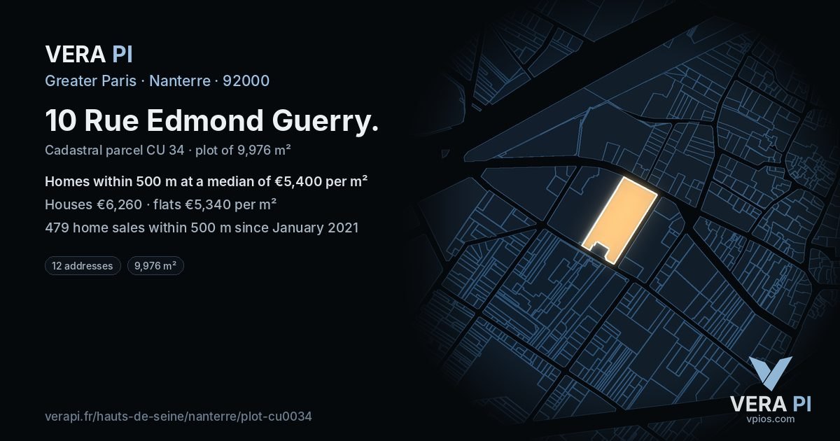 10 Rue Edmond Guerry, Nanterre at night – the plot lit, the parcels around coloured by the prices near them