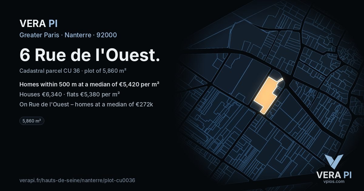 6 Rue de l'Ouest, Nanterre at night – the plot lit, the parcels around coloured by the prices near them