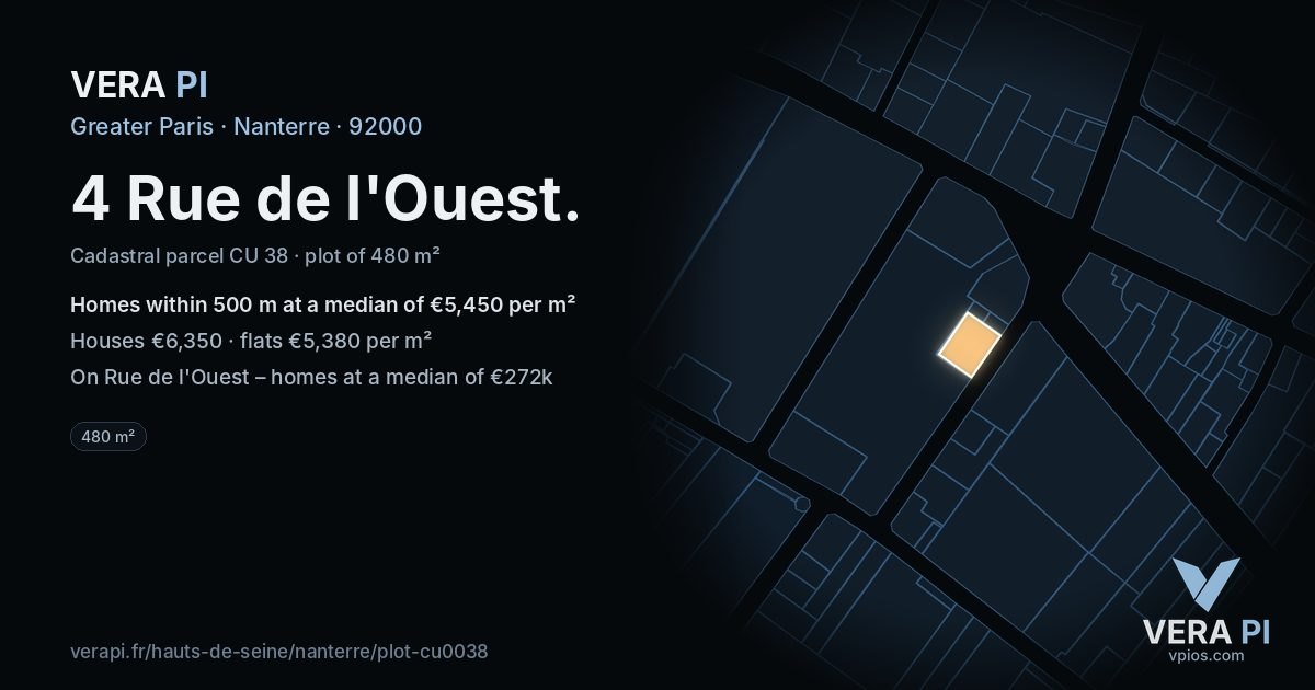 4 Rue de l'Ouest, Nanterre at night – the plot lit, the parcels around coloured by the prices near them