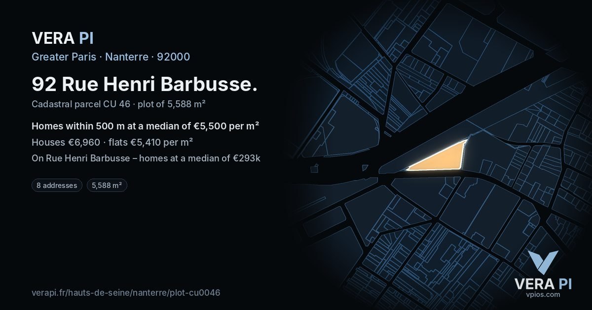 92 Rue Henri Barbusse, Nanterre at night – the plot lit, the parcels around coloured by the prices near them