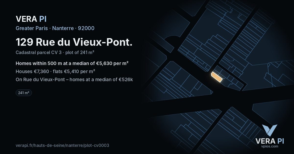 129 Rue du Vieux-Pont, Nanterre at night – the plot lit, the parcels around coloured by the prices near them