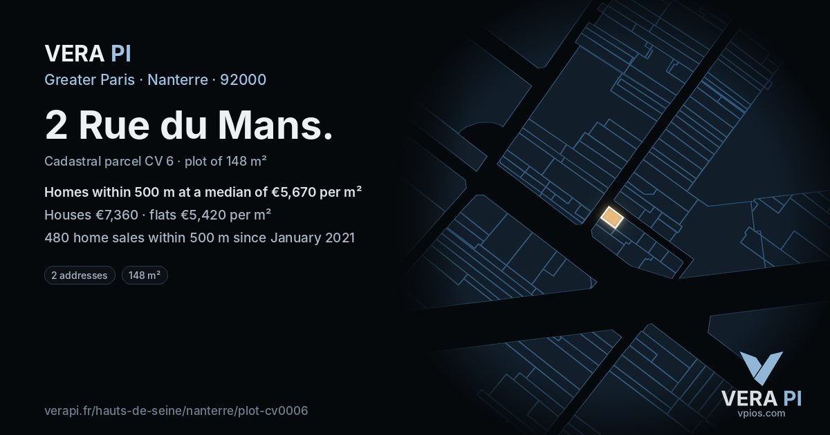 2 Rue du Mans, Nanterre at night – the plot lit, the parcels around coloured by the prices near them
